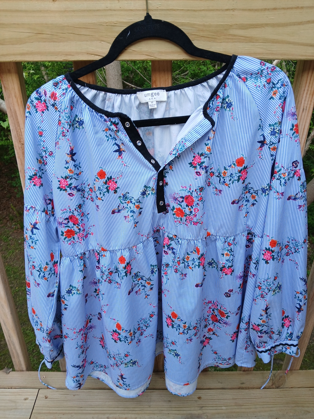 Umgee Blue Striped Floral Peasant Tunic
